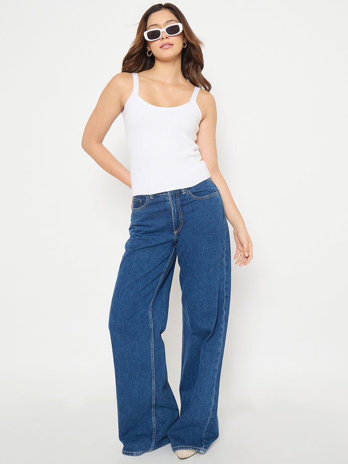 Madame Camisole Neck White Knit Crop Top