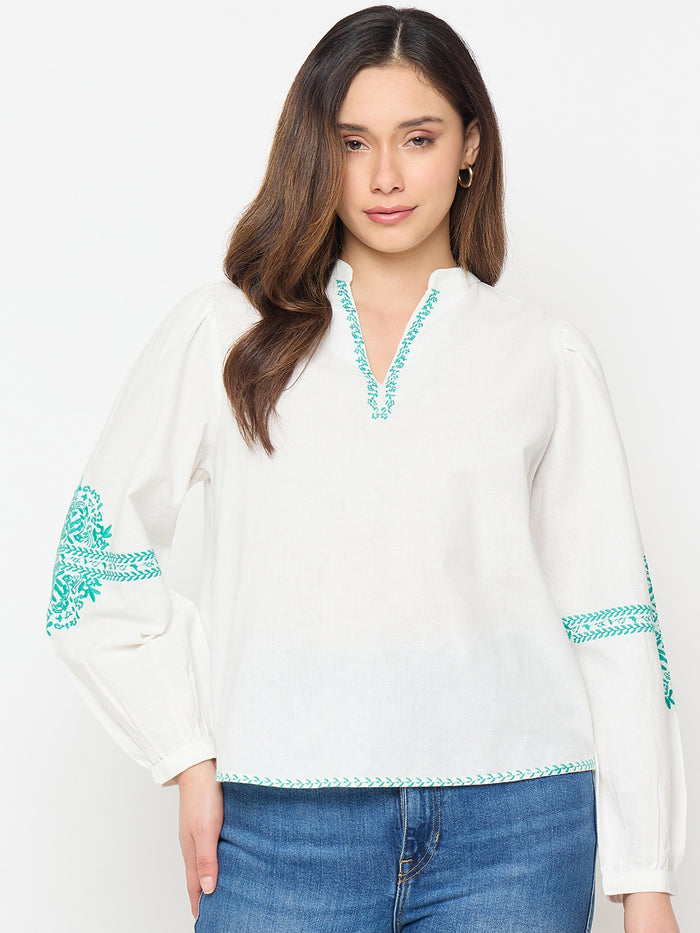 Madame Cotton Blend Balloon Sleeve White Top