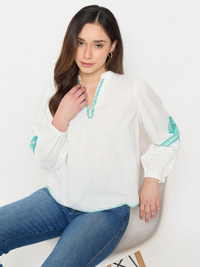 Madame Cotton Blend Balloon Sleeve White Top