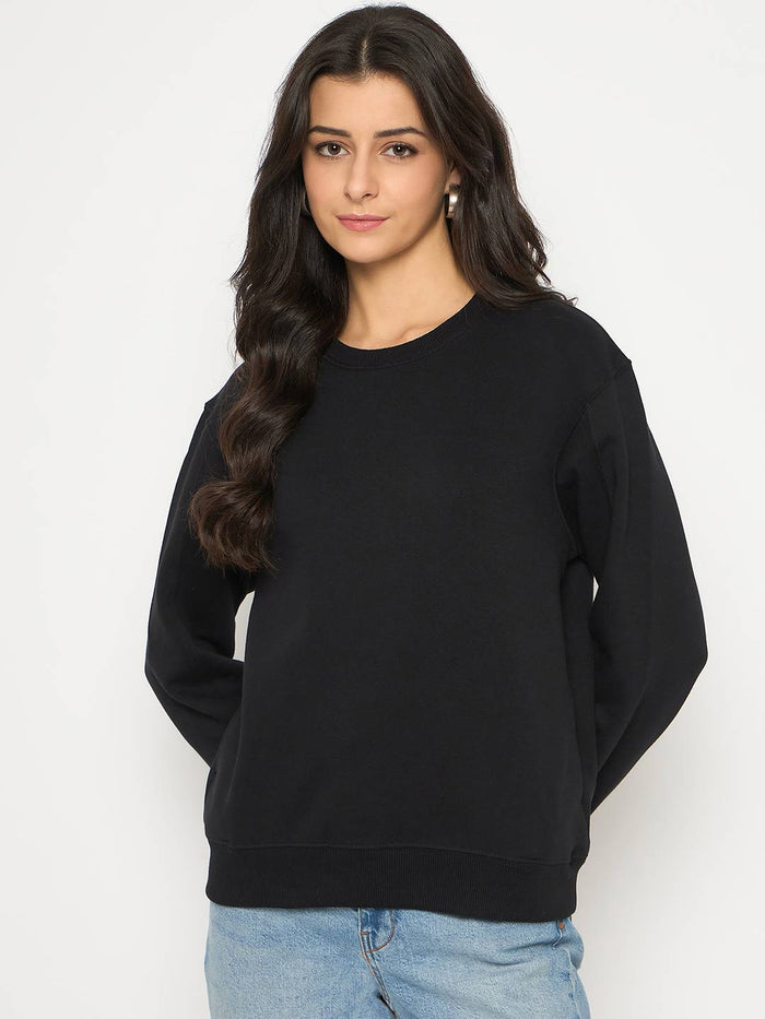 Madame Cotton Blend Solid Black Sweatshirt