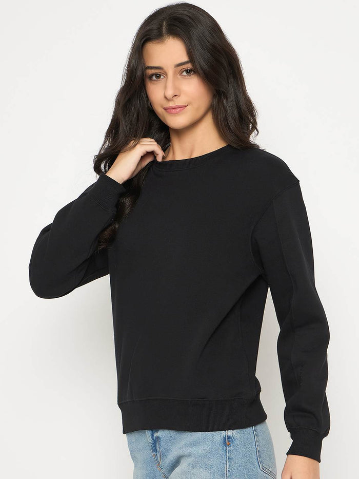 Madame Cotton Blend Solid Black Sweatshirt