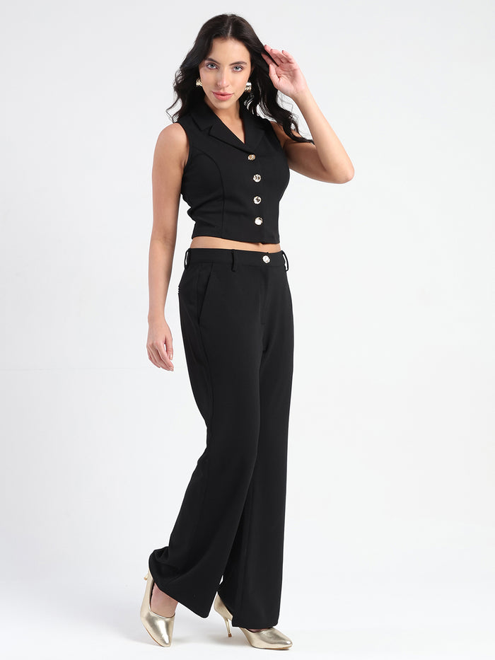 Madame Crop Top and Side Slit Trousers Knit Moss Black Co-ord Set