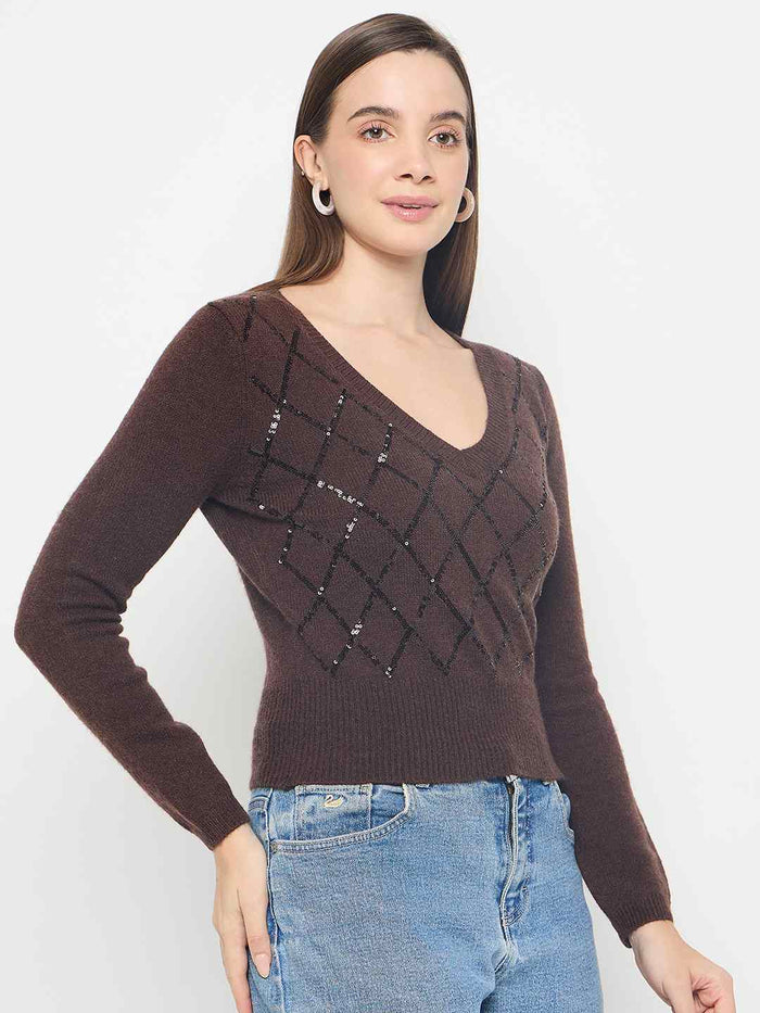 Madame Embellished Chocolate Brown Crop Sweater