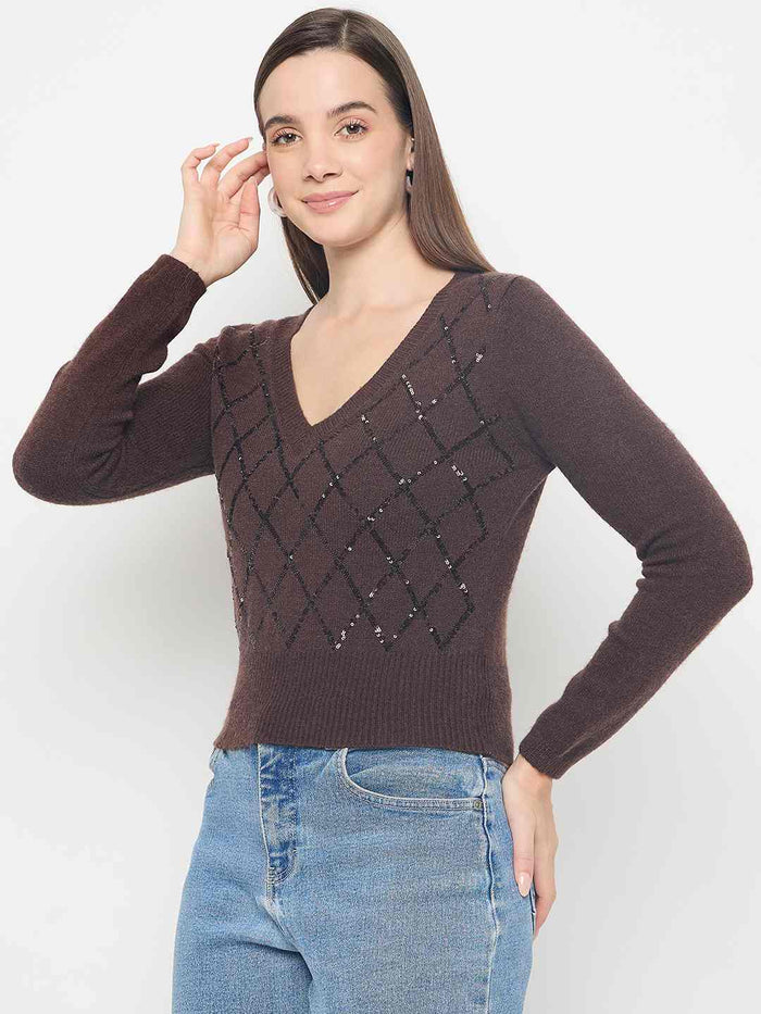 Madame Embellished Chocolate Brown Crop Sweater