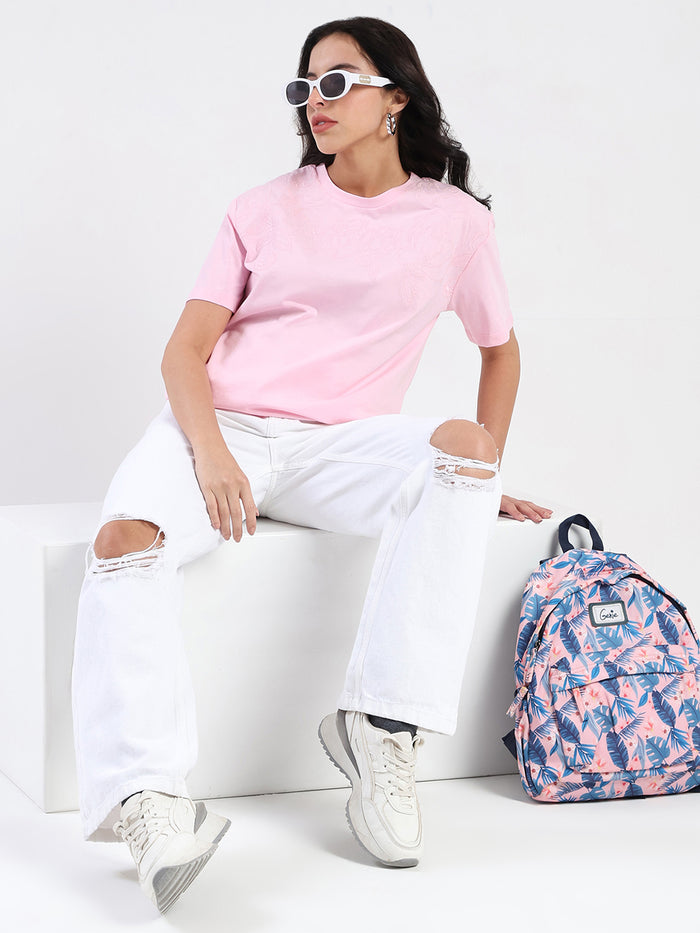 Madame Embroidered Half Sleeve Pink Cotton T-shirt