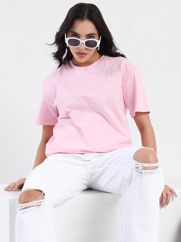 Madame Embroidered Half Sleeve Pink Cotton T-shirt