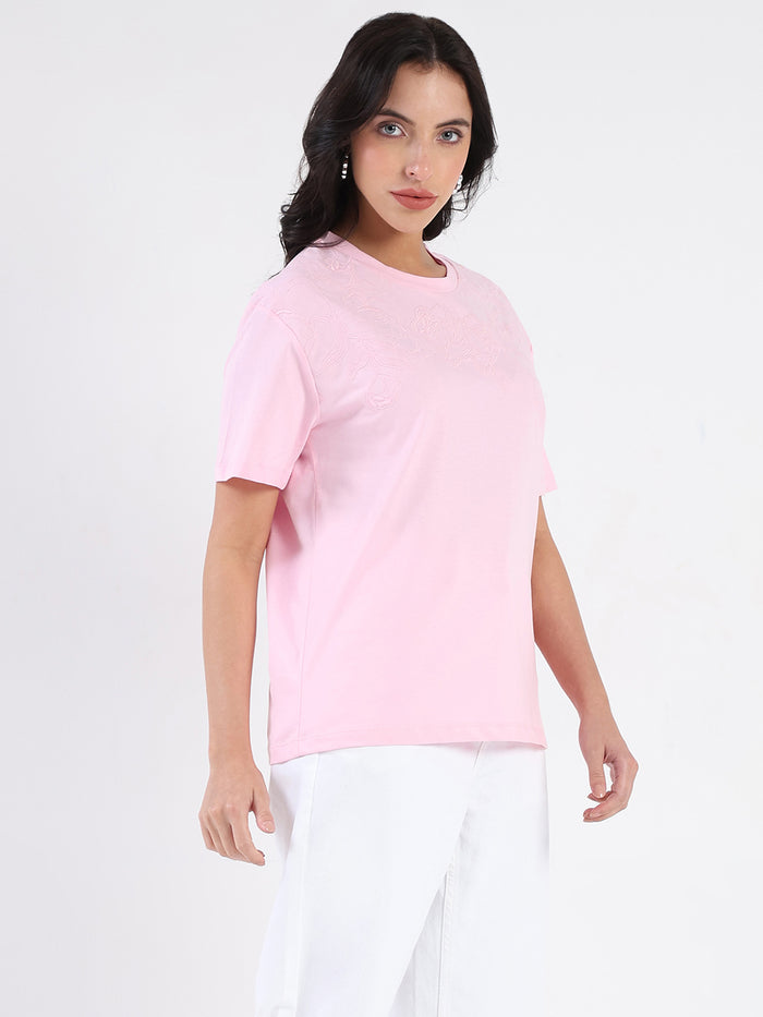 Madame Embroidered Half Sleeve Pink Cotton T-shirt