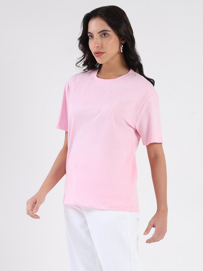 Madame Embroidered Half Sleeve Pink Cotton T-shirt