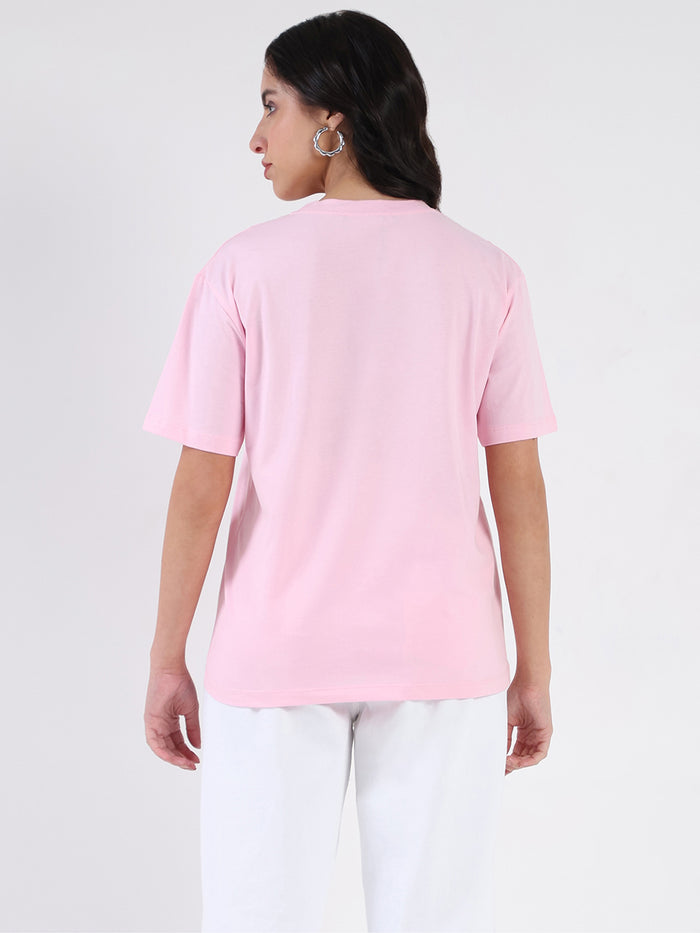 Madame Embroidered Half Sleeve Pink Cotton T-shirt
