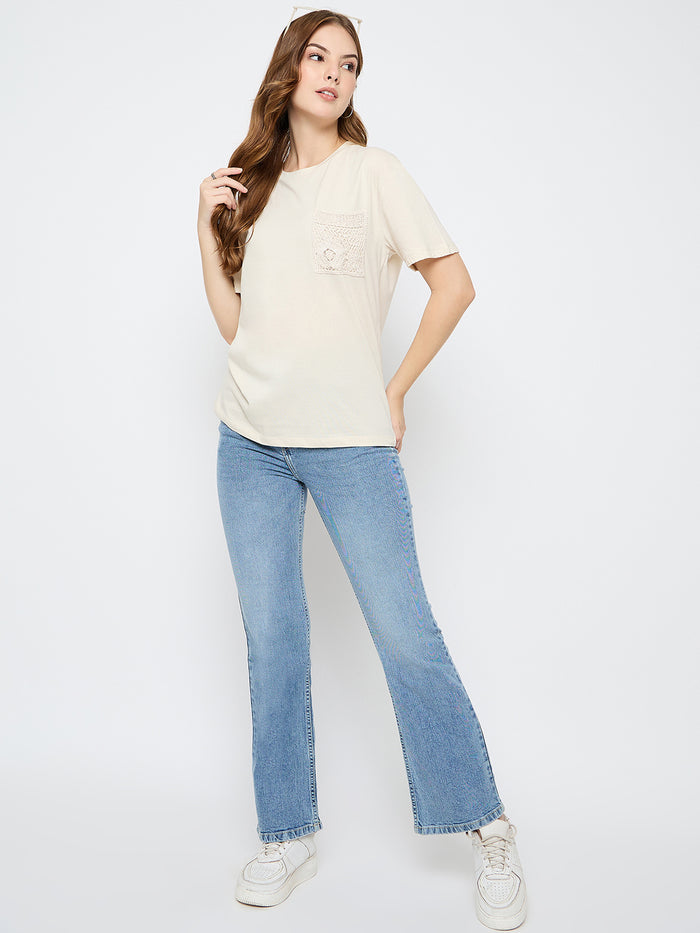 Madame Embroidered Patch Pocket Beige Cotton T-shirt