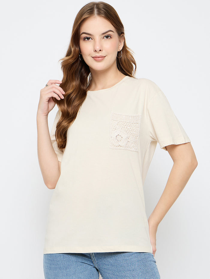 Madame Embroidered Patch Pocket Beige Cotton T-shirt