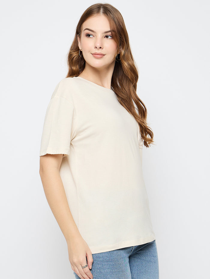 Madame Embroidered Patch Pocket Beige Cotton T-shirt