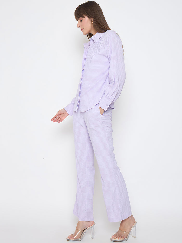 Madame Embroidered Shirt with Crop Tank and Wide-Leg Pants Three Piece Lilac Co-ord Set