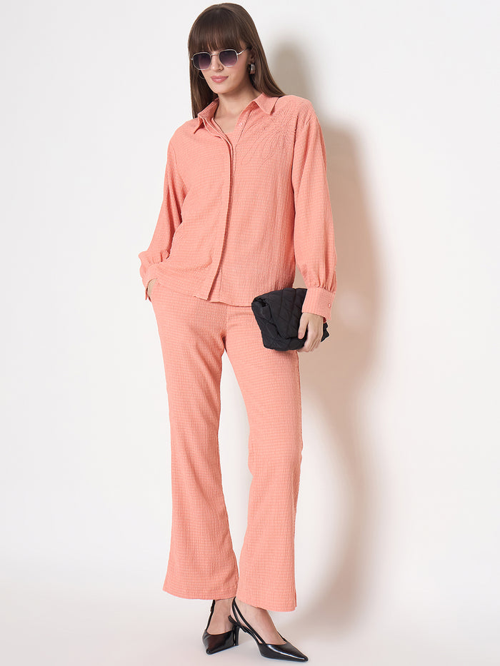 Madame Embroidered Shirt with Crop Tank and Wide-Leg Pants Three Piece Orange Co-ord Set