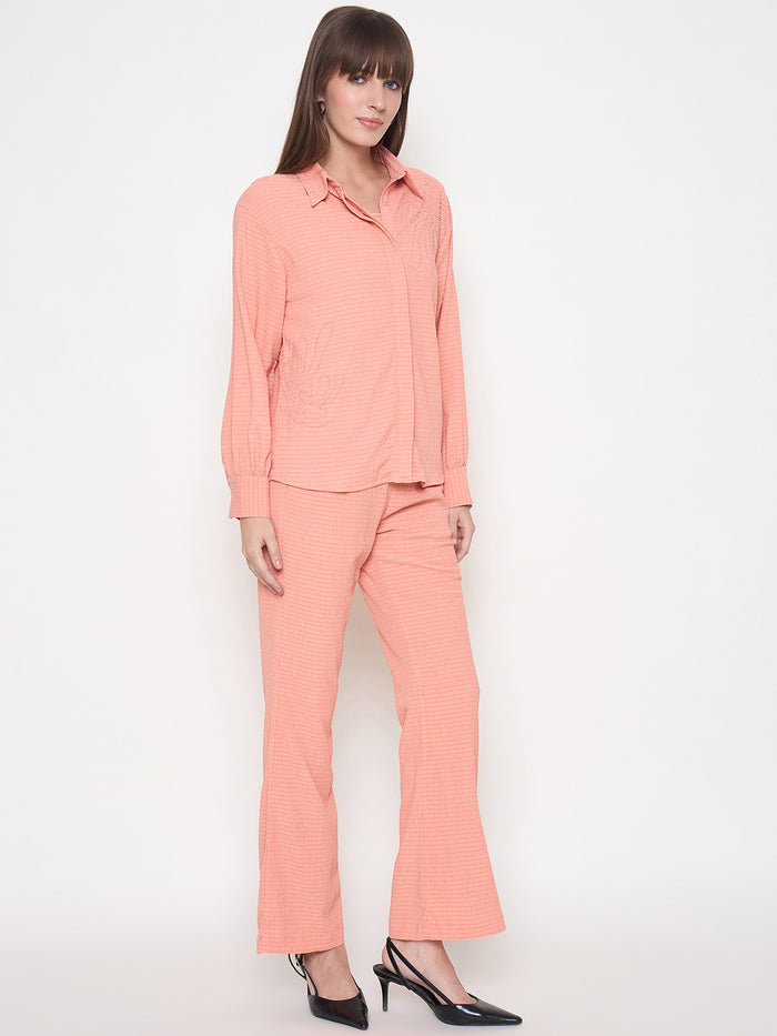 Madame Embroidered Shirt with Crop Tank and Wide-Leg Pants Three Piece Orange Co-ord Set