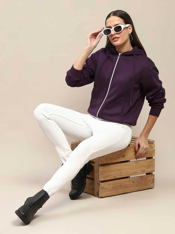 Madame Fleece Cut And Sew Detailed Zipped Purple Hoodie