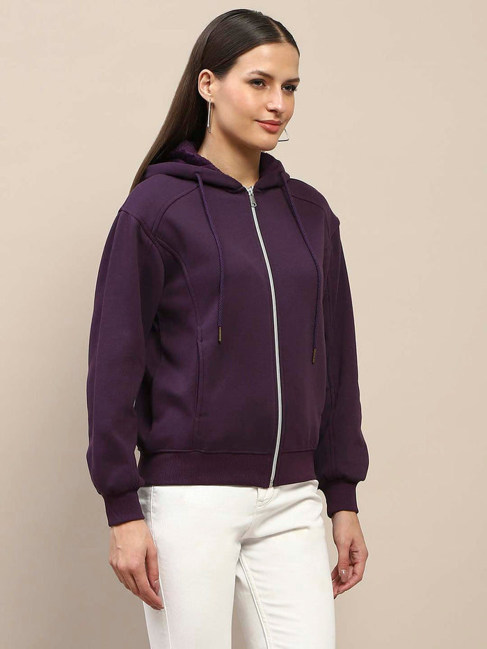 Madame Fleece Cut And Sew Detailed Zipped Purple Hoodie