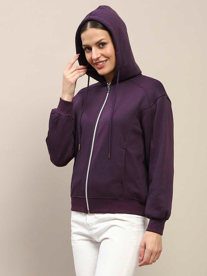 Madame Fleece Cut And Sew Detailed Zipped Purple Hoodie
