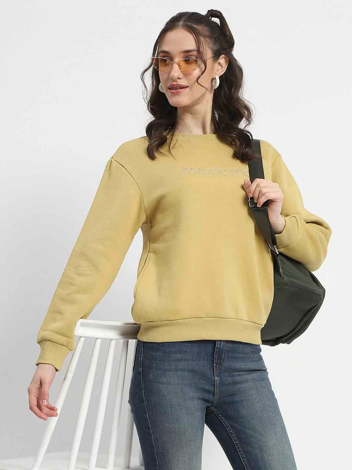 Madame Fleece Handwork And Embroidered Golden Yellow Sweatshirt For Women