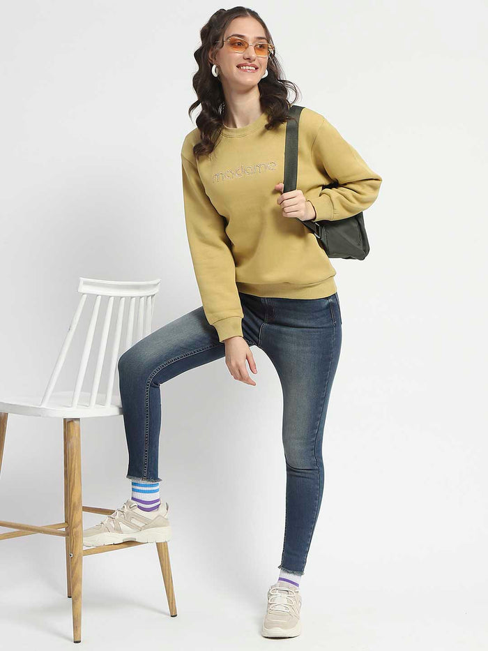 Madame Fleece Handwork And Embroidered Golden Yellow Sweatshirt For Women
