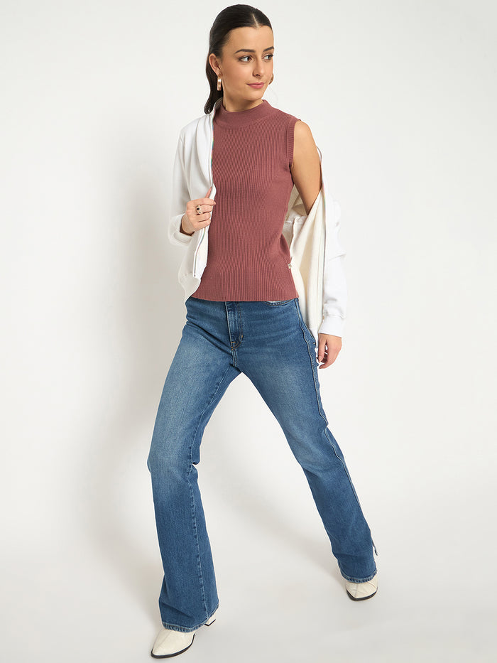 Madame Fleece T Neck Front Zip White Sweatshirt