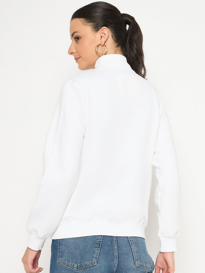 Madame Fleece T Neck Front Zip White Sweatshirt