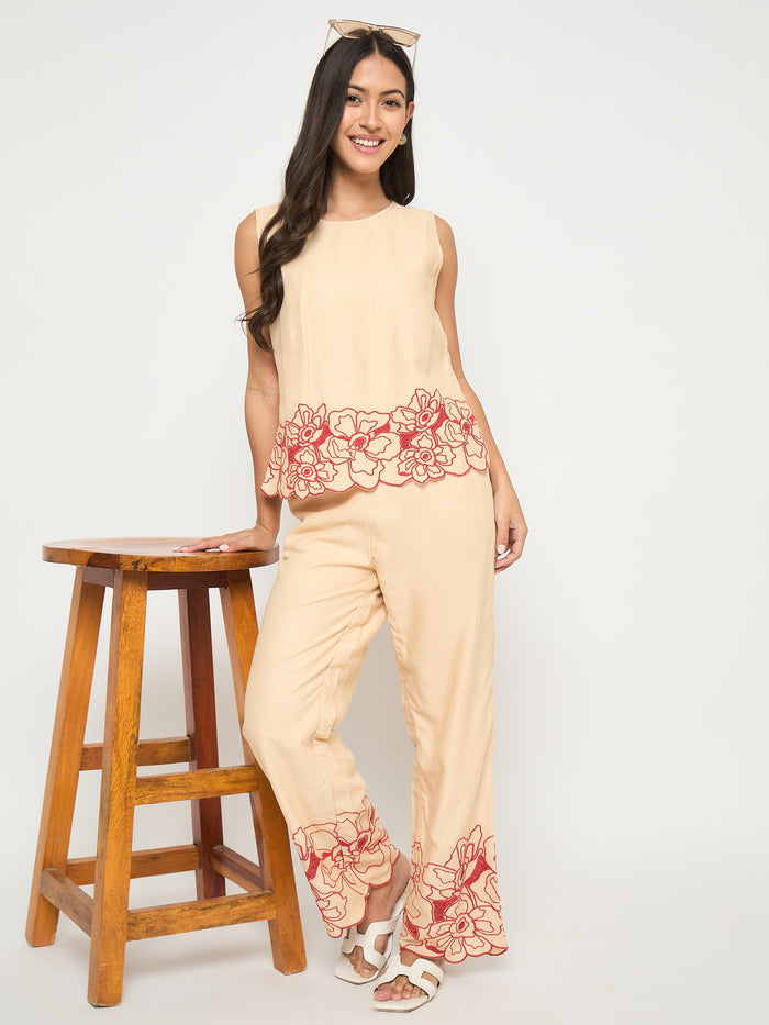 Madame Floral Embroidered Hem Top and Bottom Beige Co-ord Set
