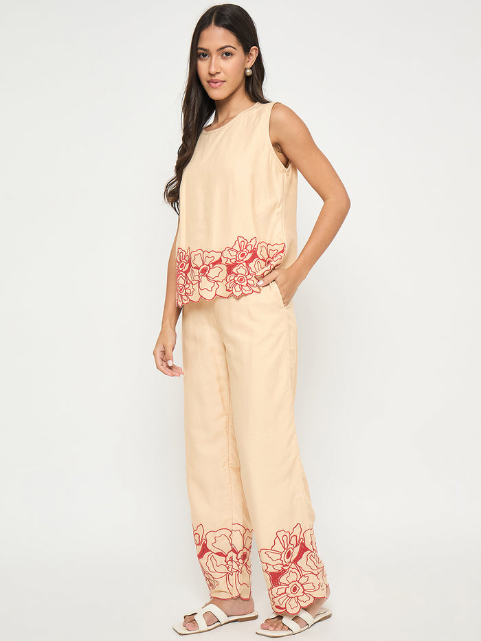 Madame Floral Embroidered Hem Top and Bottom Beige Co-ord Set