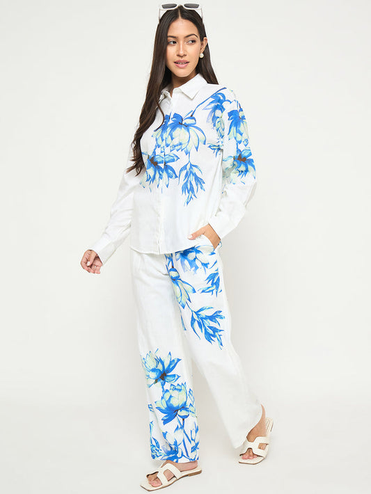 Madame Floral Print Shirt and Trousers Blue Cotton Co-ord Set