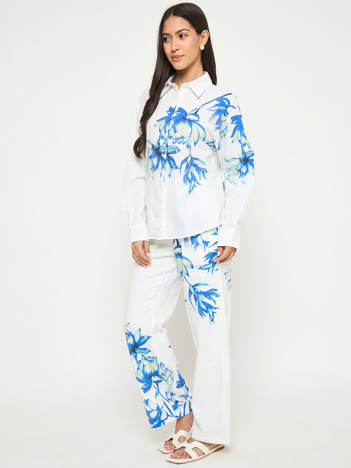 Madame Floral Print Shirt and Trousers Blue Cotton Co-ord Set