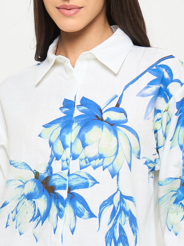 Madame Floral Print Shirt and Trousers Blue Cotton Co-ord Set