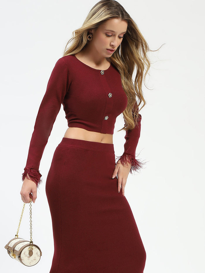 Madame Fur Sleeve Bodycon Wine Red Knit Co-ord Set