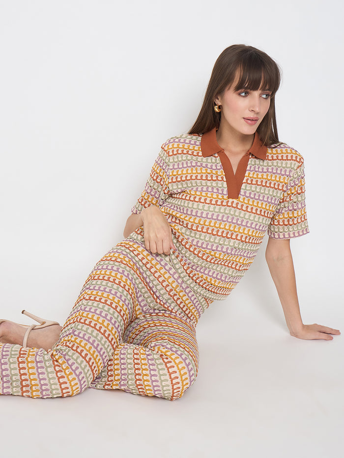Madame Geometric Pattern Polo Top and Flared Pants Brown Co-ord Set