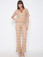 Madame Geometric Pattern Polo Top and Flared Pants Brown Co-ord Set