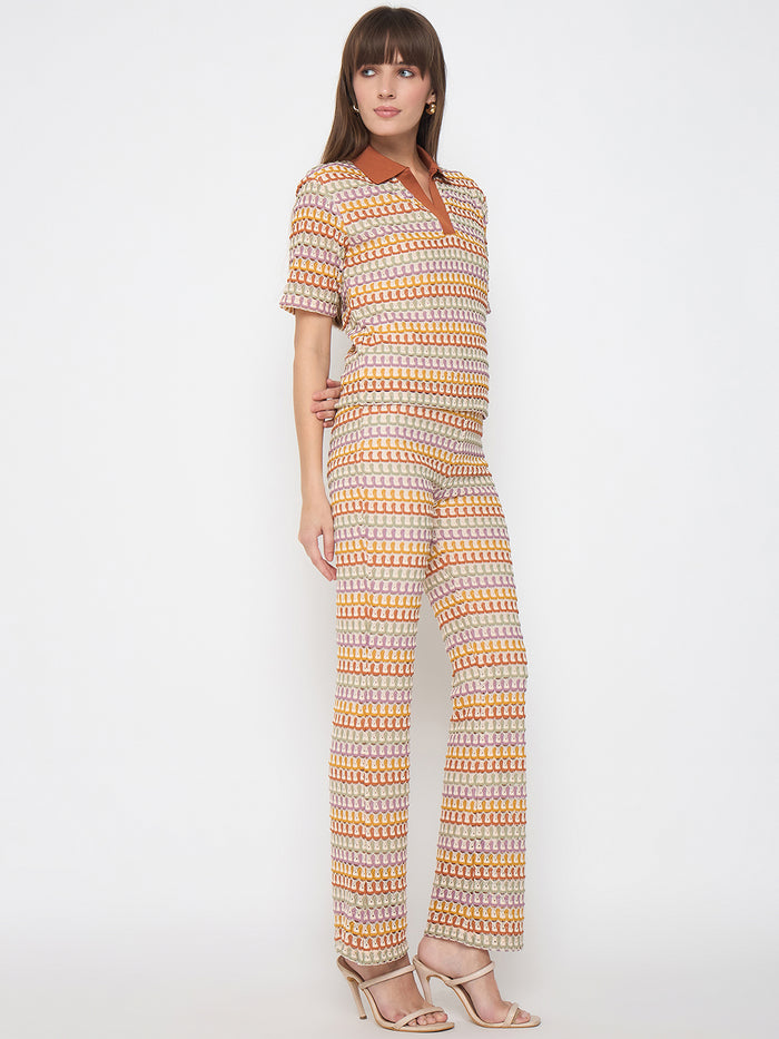 Madame Geometric Pattern Polo Top and Flared Pants Brown Co-ord Set