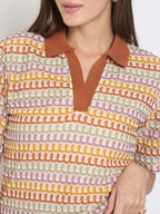 Madame Geometric Pattern Polo Top and Flared Pants Brown Co-ord Set
