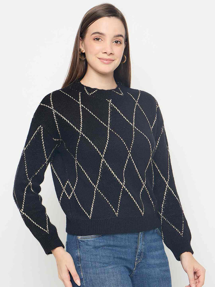 Madame Geometric Print Acrylic Blend Black Sweater