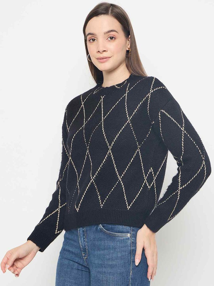 Madame Geometric Print Acrylic Blend Black Sweater