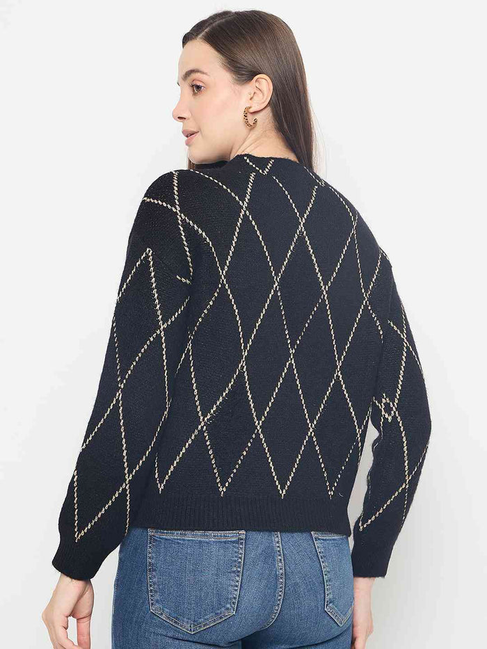 Madame Geometric Print Acrylic Blend Black Sweater