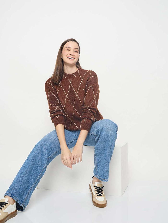 Madame Geometric Print Acrylic Blend Coffee Brown Sweater