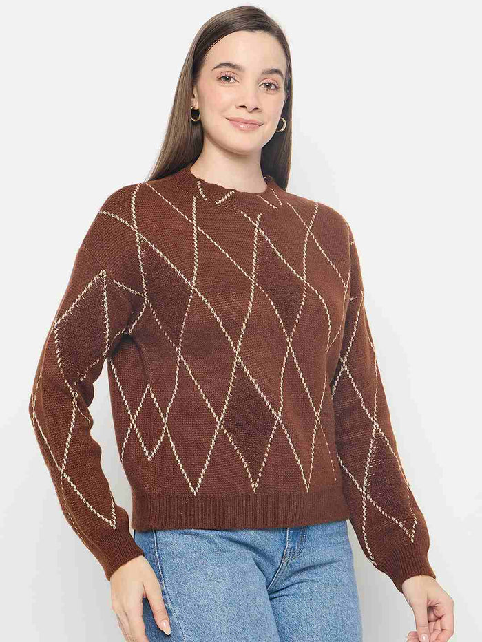 Madame Geometric Print Acrylic Blend Coffee Brown Sweater