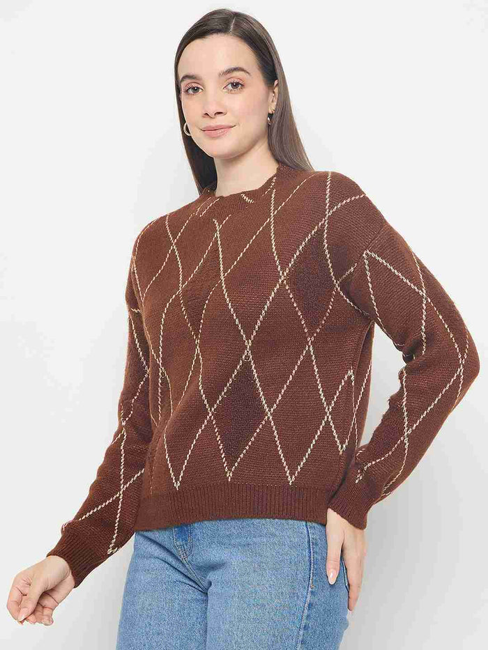 Madame Geometric Print Acrylic Blend Coffee Brown Sweater