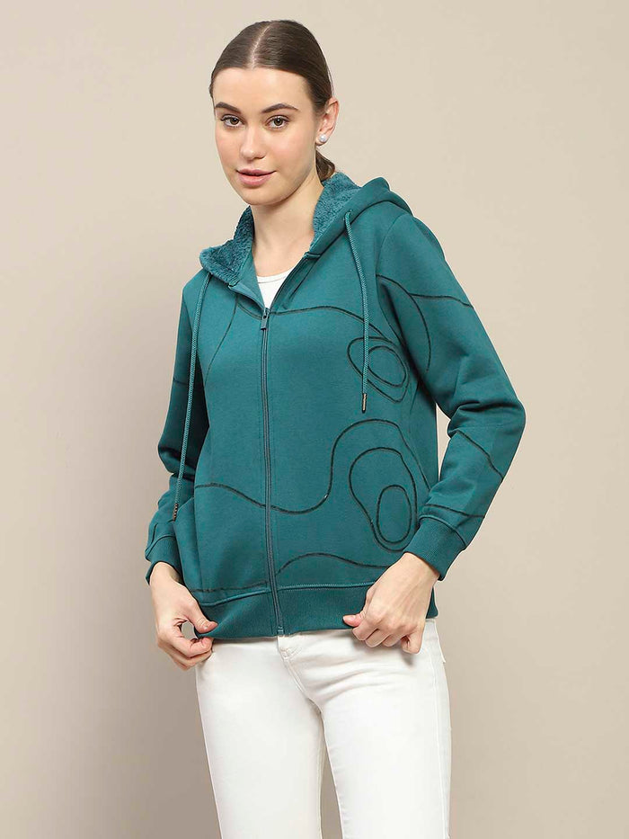 Madame Geometric Print Zipped Teal Hooded Sweatshirt