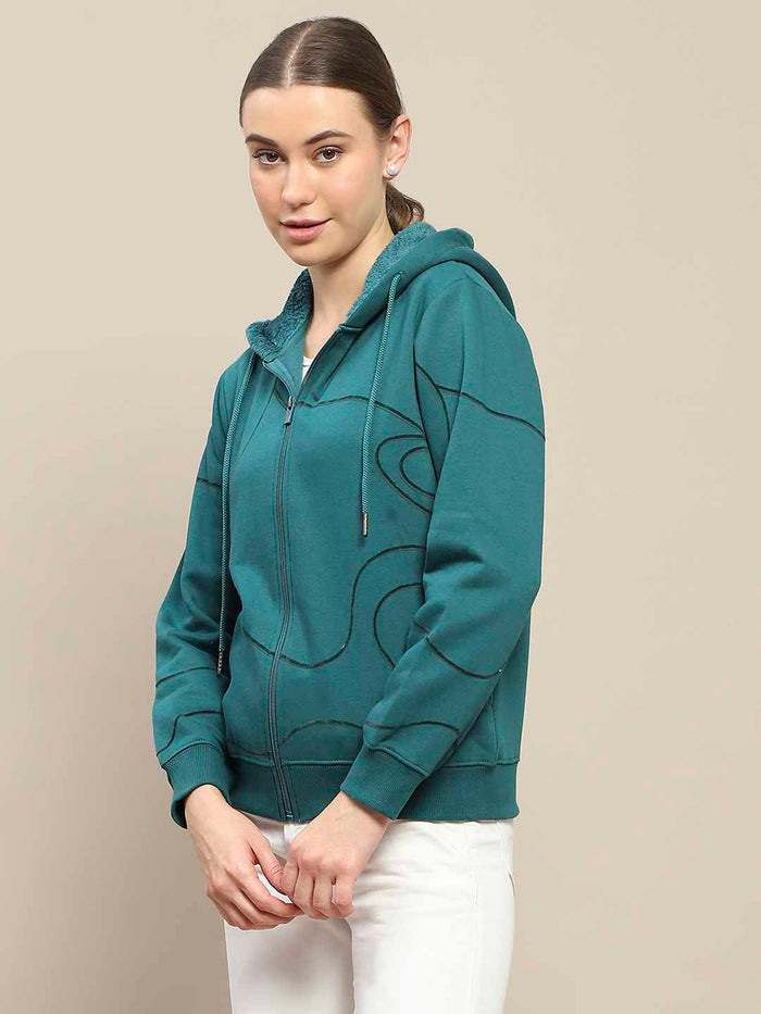 Madame Geometric Print Zipped Teal Hooded Sweatshirt