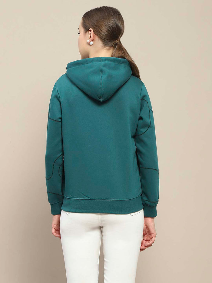 Madame Geometric Print Zipped Teal Hooded Sweatshirt