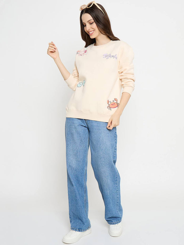 Madame Graphic Print Cotton Blend Cream Pullover Sweatshirt