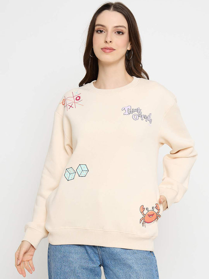 Madame Graphic Print Cotton Blend Cream Pullover Sweatshirt