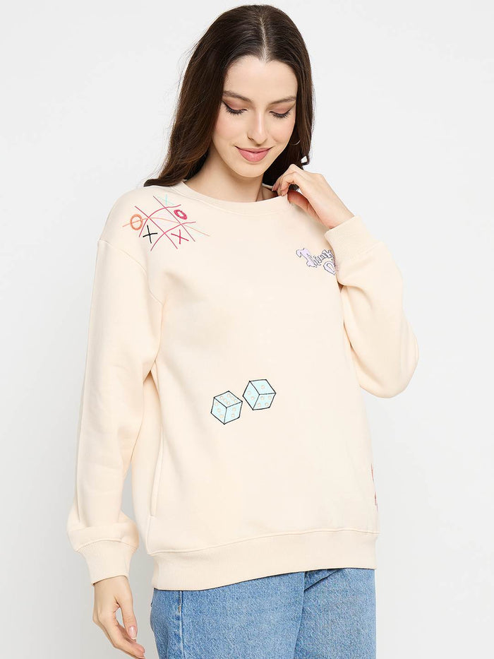 Madame Graphic Print Cotton Blend Cream Pullover Sweatshirt