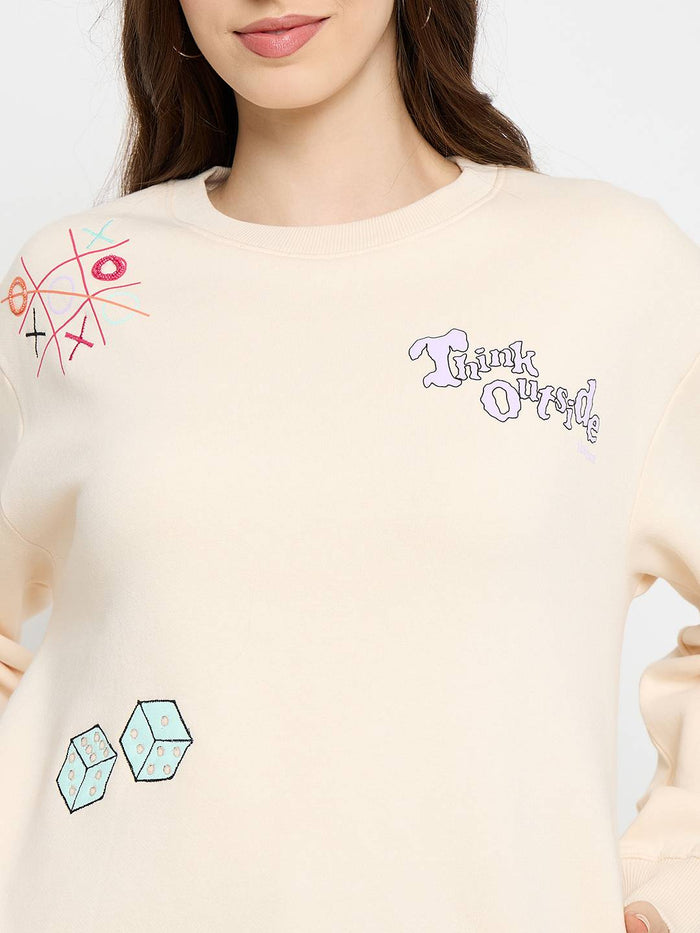 Madame Graphic Print Cotton Blend Cream Pullover Sweatshirt