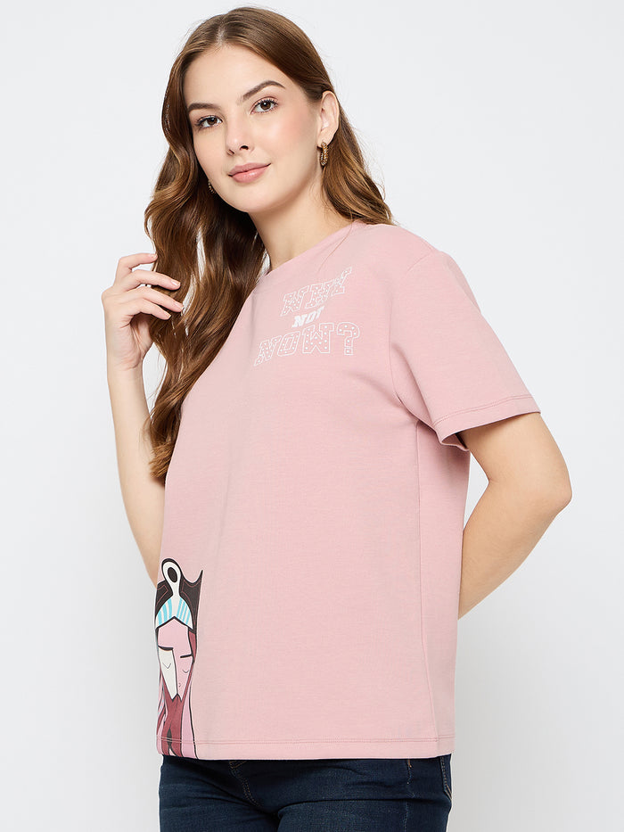 Madame Graphic Print Cotton Blend Pink T-shirt